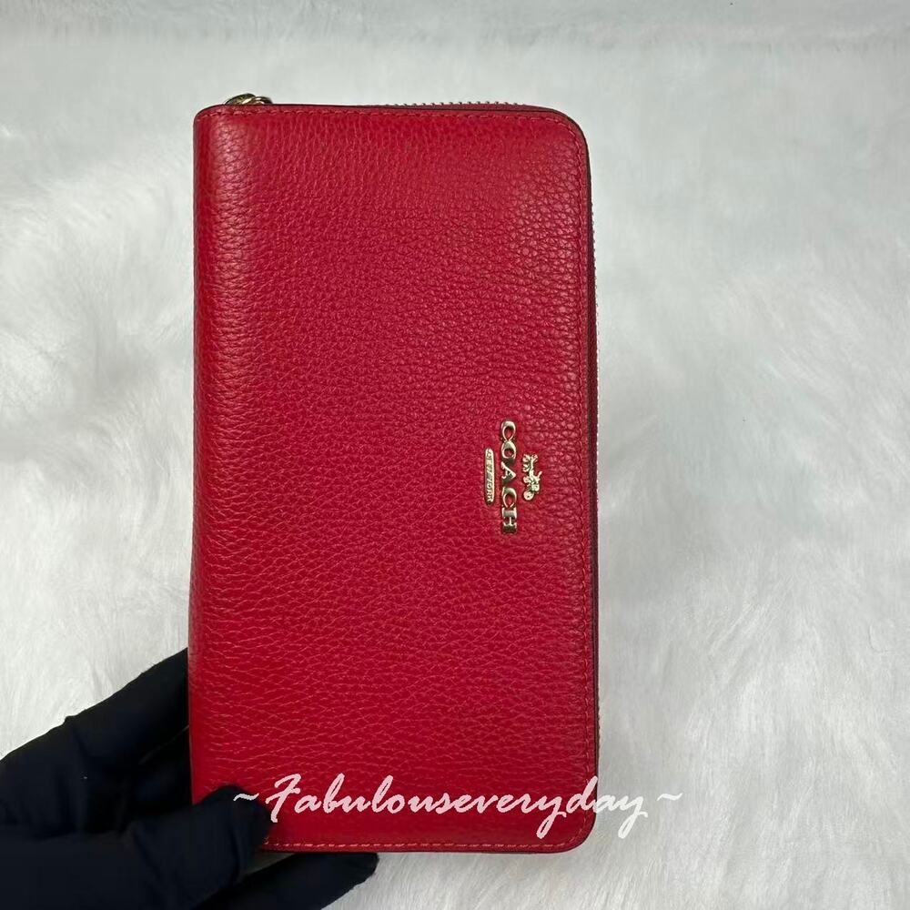 Coach Long Zip Around Wallet in Leather/Gold/Red C4451 NWT